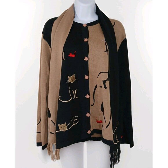 Cat Lover Knit Cardigan & Scarf Set Applique Embroidery | Black Tan | Size M... - Picture 2 of 16